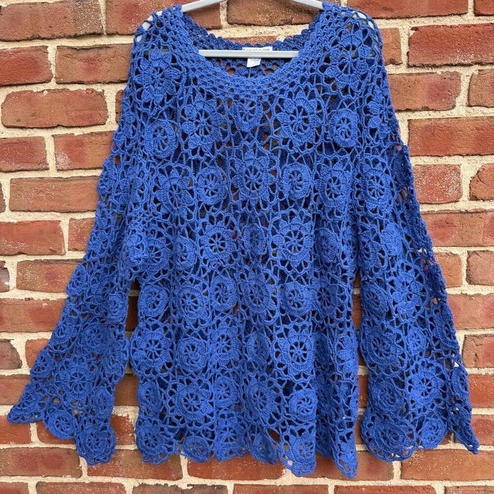 Pyramid Collection Crochet All Day Boho Tunic royal Bell Sleeve 3X NEW